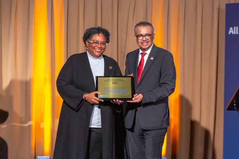 PM Mottley presented with WHO award for exceptional leadership in health