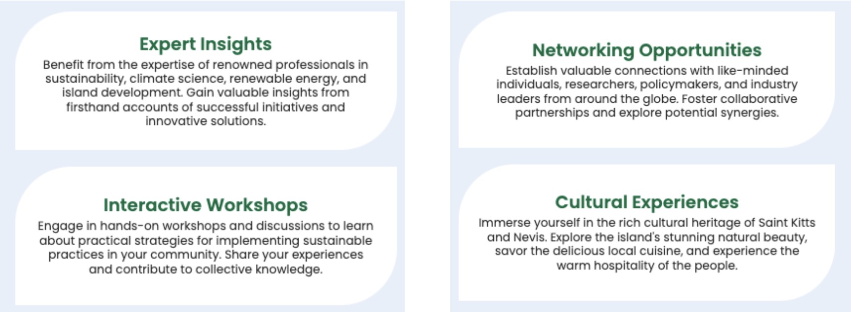 Screenshot of information about expert insights, networking opportunities, interactive workshops, and cultural experiences