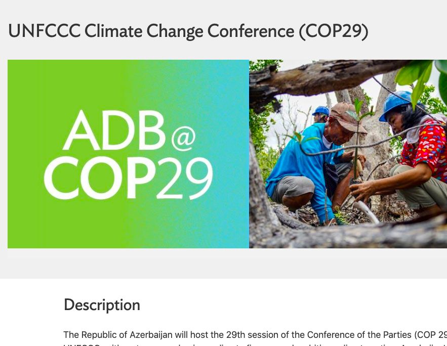 Screenshot of a banner with the text 'ADB @COP29' about the UNFCCC Climate Change Conference