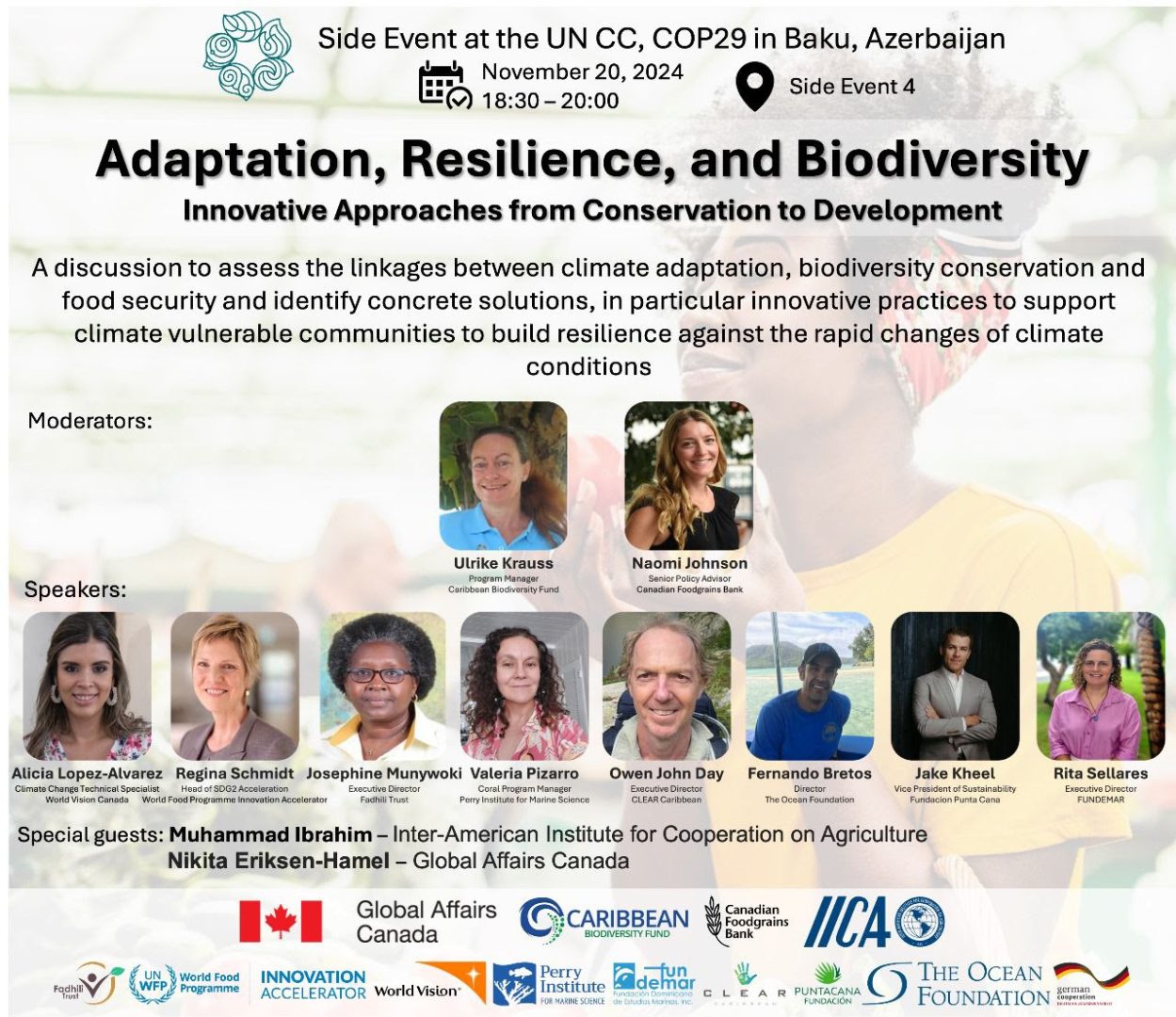 Flyer containing moderator and speakers for a side event at the UN CC, COP29